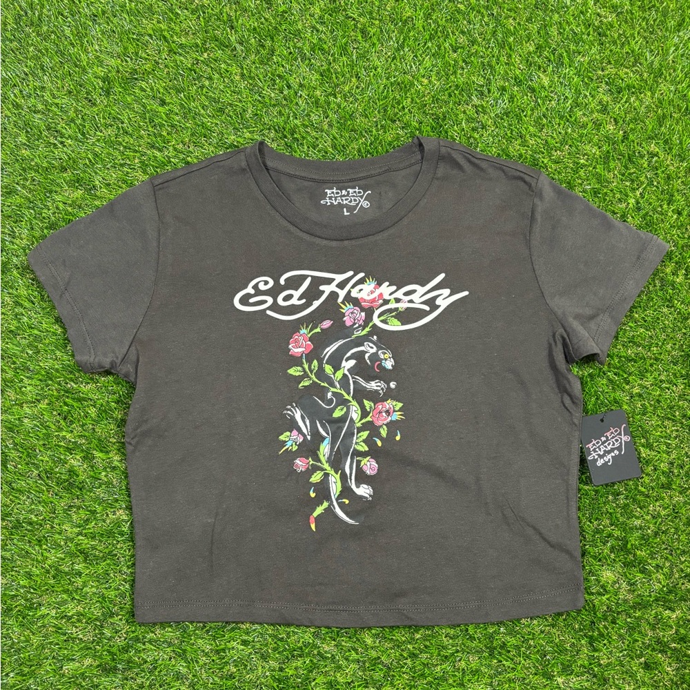 Ed Hardy Crop Tee - Black Panther with Floral Graphic